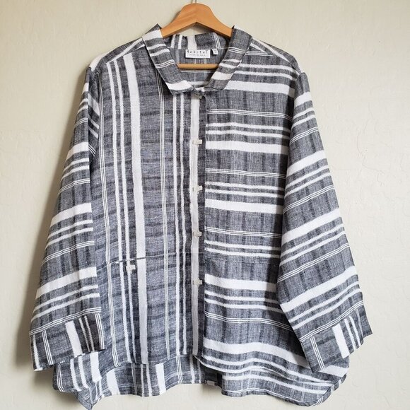 Habitat 100% Linen Striped Rectangle Button Top Beachy Coastal Grey Sz Womens XL - Picture 1 of 11